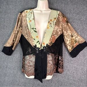 Spencer Alexis Jacket Womens 1X Black Floral Lace Beaded Kimono Boho Sheer USA